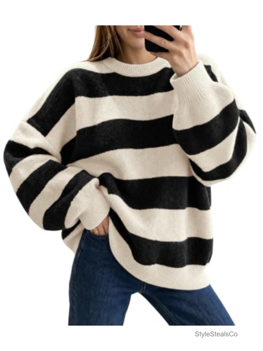Oversized Striped Color Block Knit Pullover Sweater with Lantern Sleeves